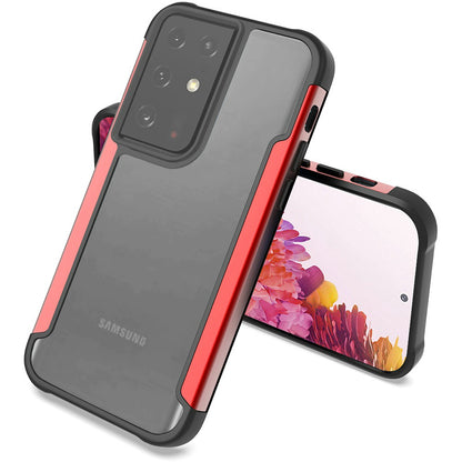 For Samsung Galaxy A02s Hybrid Aluminum Alloy Metal Clear Transparent Back PC TPU Bumper Shockproof Red Phone Case Cover