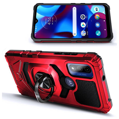 For T-Mobile Revvl 6 5G Armor Hybrid Stand Ring Hard TPU Rugged Full-Body [Military-Grade] Magnetic Car Ring Holder Red Phone Case Cover