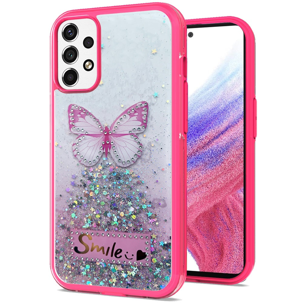 For Samsung Galaxy A13 5G Butterfly Smile Glitter Bling Sparkle Epoxy Glittering Shining Hybrid Hard PC TPU Silicone  Phone Case Cover