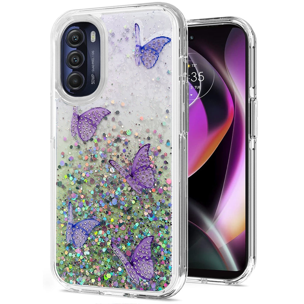 For Motorola Moto G 5G 2022 Butterflies Glitter Bling Shiny Sparkle Glittering Flake Hybrid Hard PC TPU Silicone Slim  Phone Case Cover