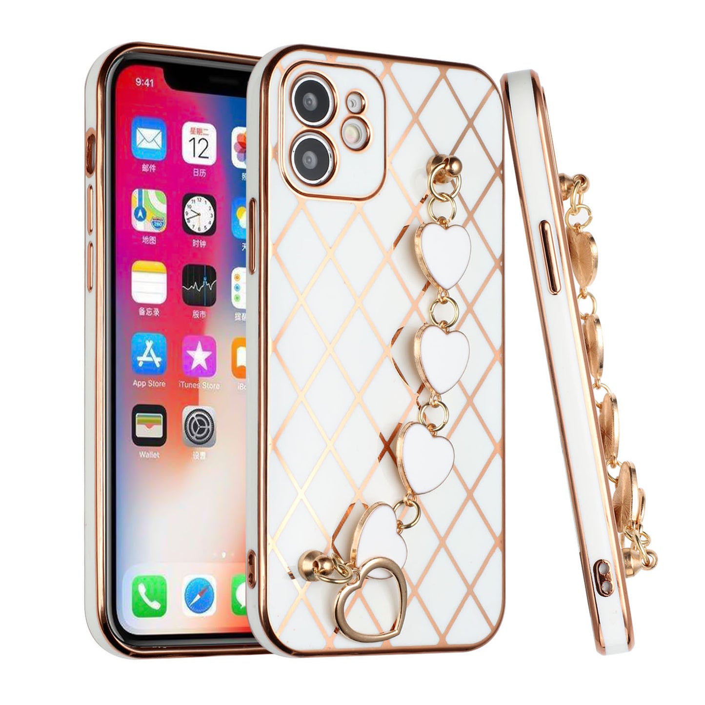 For Apple iPhone 11 (6.1") Electroplated Grid Diamond Lines with Hearts Chain Fashion Holder Hybrid Design TPU Hard PC  Phone Case Cover