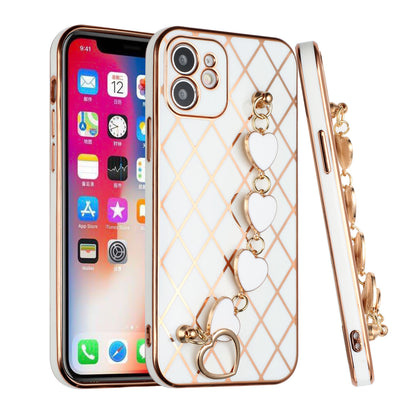 For Apple iPhone 11 (6.1") Electroplated Grid Diamond Lines with Hearts Chain Fashion Holder Hybrid Design TPU Hard PC  Phone Case Cover