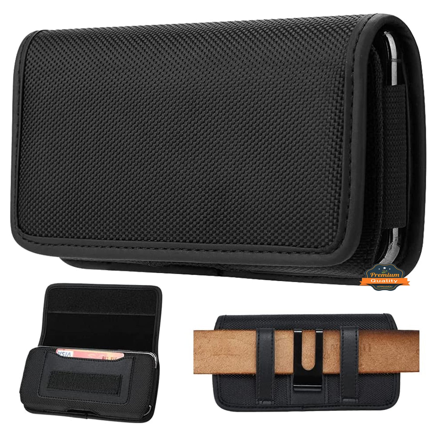 For Nokia C200 Pouch Case Universal Horizontal Canvas with Credit Card ID Slot and Belt Clip Loop Holster Cell Phone Holder Cover [Black]