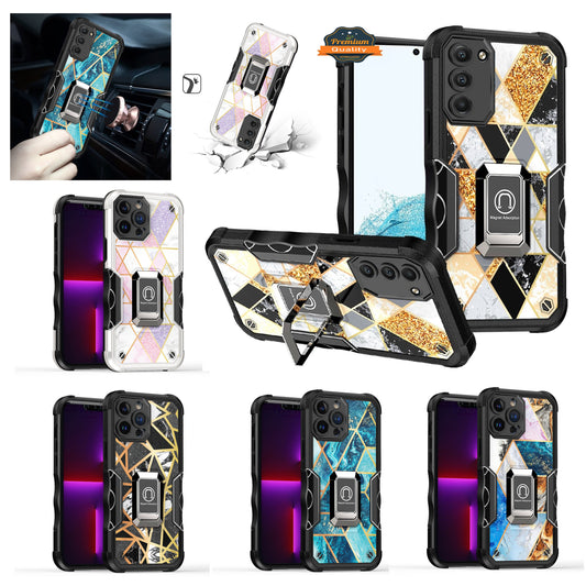 For Samsung Galaxy S22 /Plus Ultra Marble IMD Design Hybrid Armor with Magnetic Ring Stand Heavy Duty Rugged Shockproof  Phone Case Cover