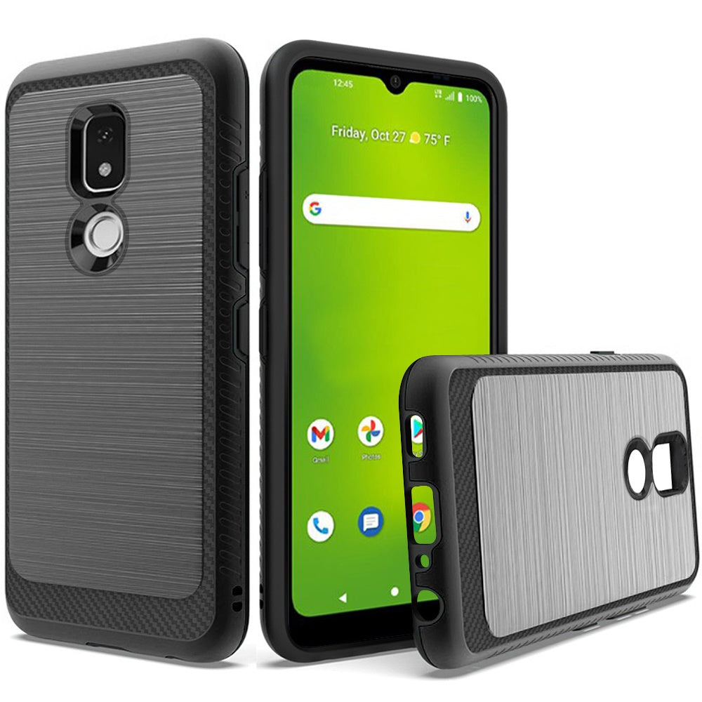 For Cricket Icon 3 (2021) Slim Protective Hybrid TPU 2-Piece Bumper Shockproof with Brushed Metal Texture Carbon Fiber Hard PC Back  Phone Case Cover