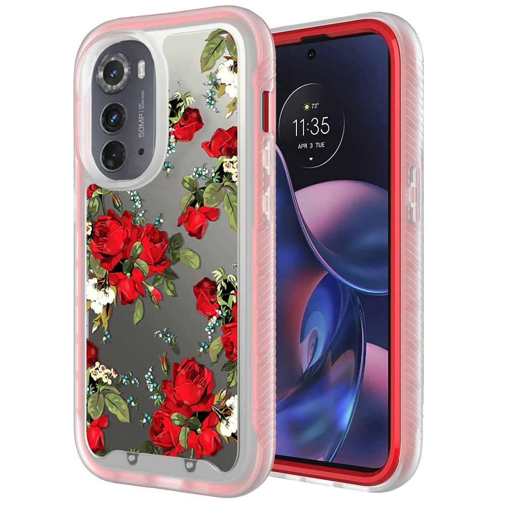 For Motorola Moto Edge 2022 Stylish Flower Design 2in1 Hybrid Armor Hard Rubber TPU Shockproof Front Frame  Phone Case Cover