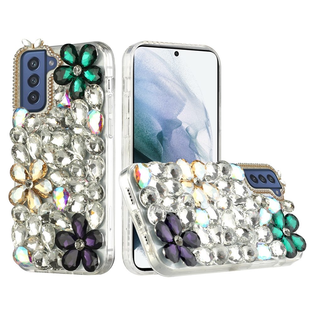 For Samsung Galaxy S21 Luxury Bling Clear Crystal 3D Full Diamonds Luxury Sparkle Rhinestone Hybrid Protective Green/ Gold/ Purple Phone Case Cover