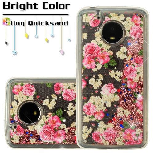 For Motorola Moto E4 Plus (XT1773) Quicksand Liquid Glitter Bling Hybrid Image Flowing Sparkle Protector TPU Skin European Rose Gold Flowers Phone Case Cover