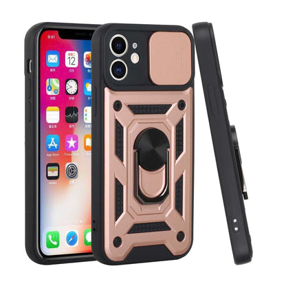 For Apple iPhone 11 (6.1") Hybrid Cases with Slide Camera Lens Cover and Ring Holder Kickstand Rugged Dual Layer Hard  Phone Case Cover