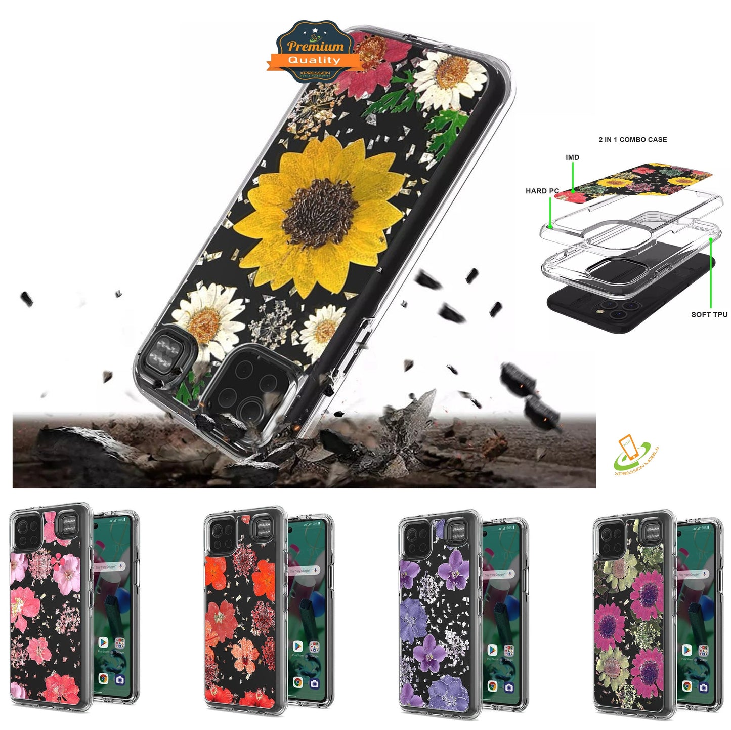 For Motorola Moto G Power 2022 (6.5") Glitter Floral Print Pattern Clear Design Shockproof Hybrid Fashion Sparkle Rubber TPU  Phone Case Cover