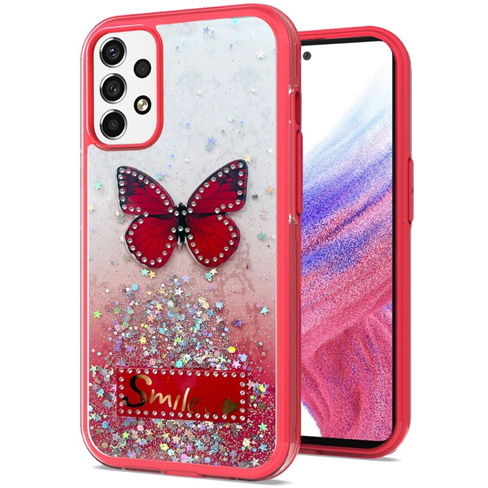 For Samsung Galaxy A13 5G Butterfly Smile Glitter Bling Sparkle Epoxy Glittering Shining Hybrid Hard PC TPU Silicone  Phone Case Cover