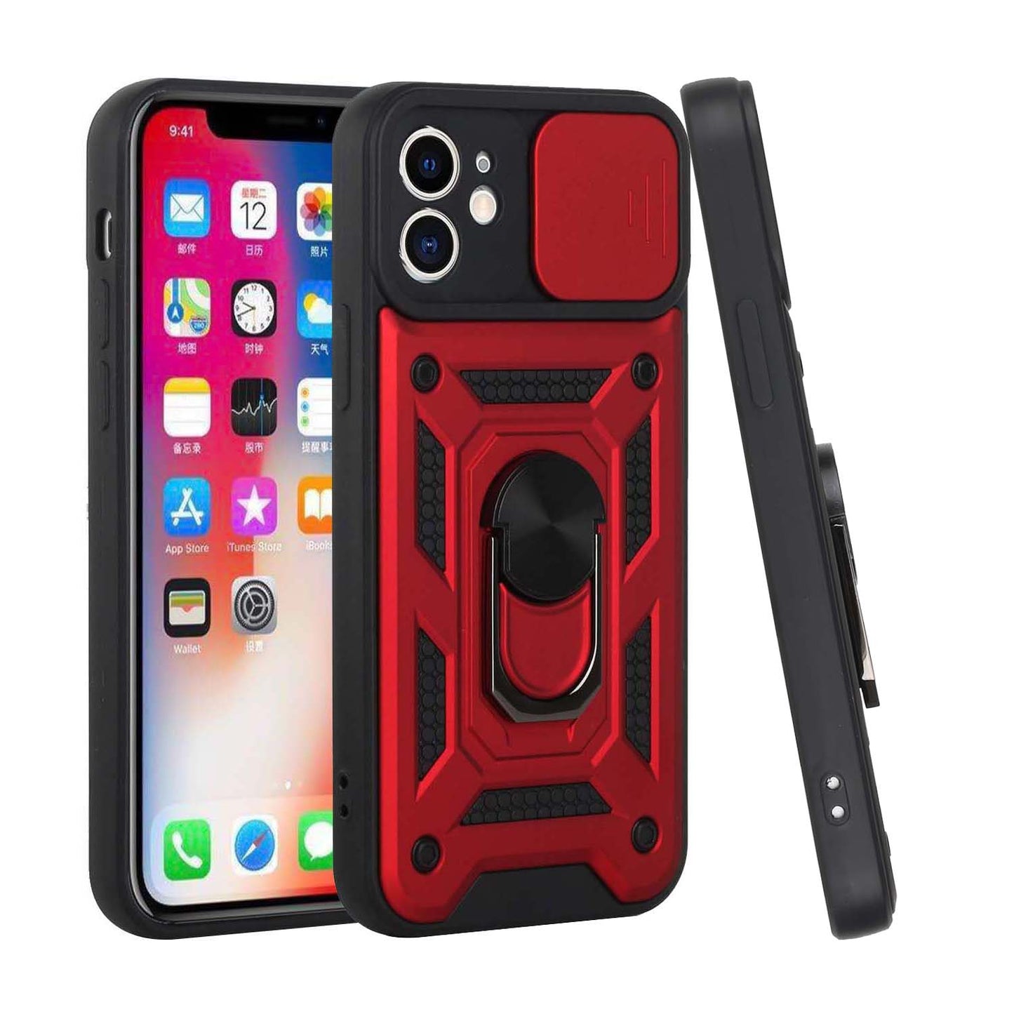 For Apple iPhone 11 (6.1") Hybrid Cases with Slide Camera Lens Cover and Ring Holder Kickstand Rugged Dual Layer Hard  Phone Case Cover