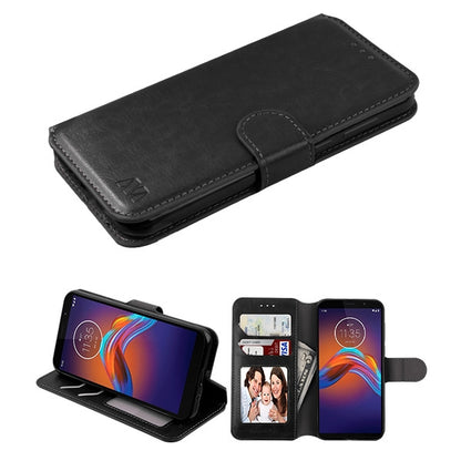 For Motorola Moto E6 Play PU Leather Wallet with Credit Card Holder Storage Folio Flip Pouch Stand Black Phone Case Cover