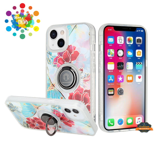 For Apple iPhone 11 (6.1") Flower Pattern IMD Design with Ring Kickstand Hybrid TPU Hard Back Shockproof  Phone Case Cover