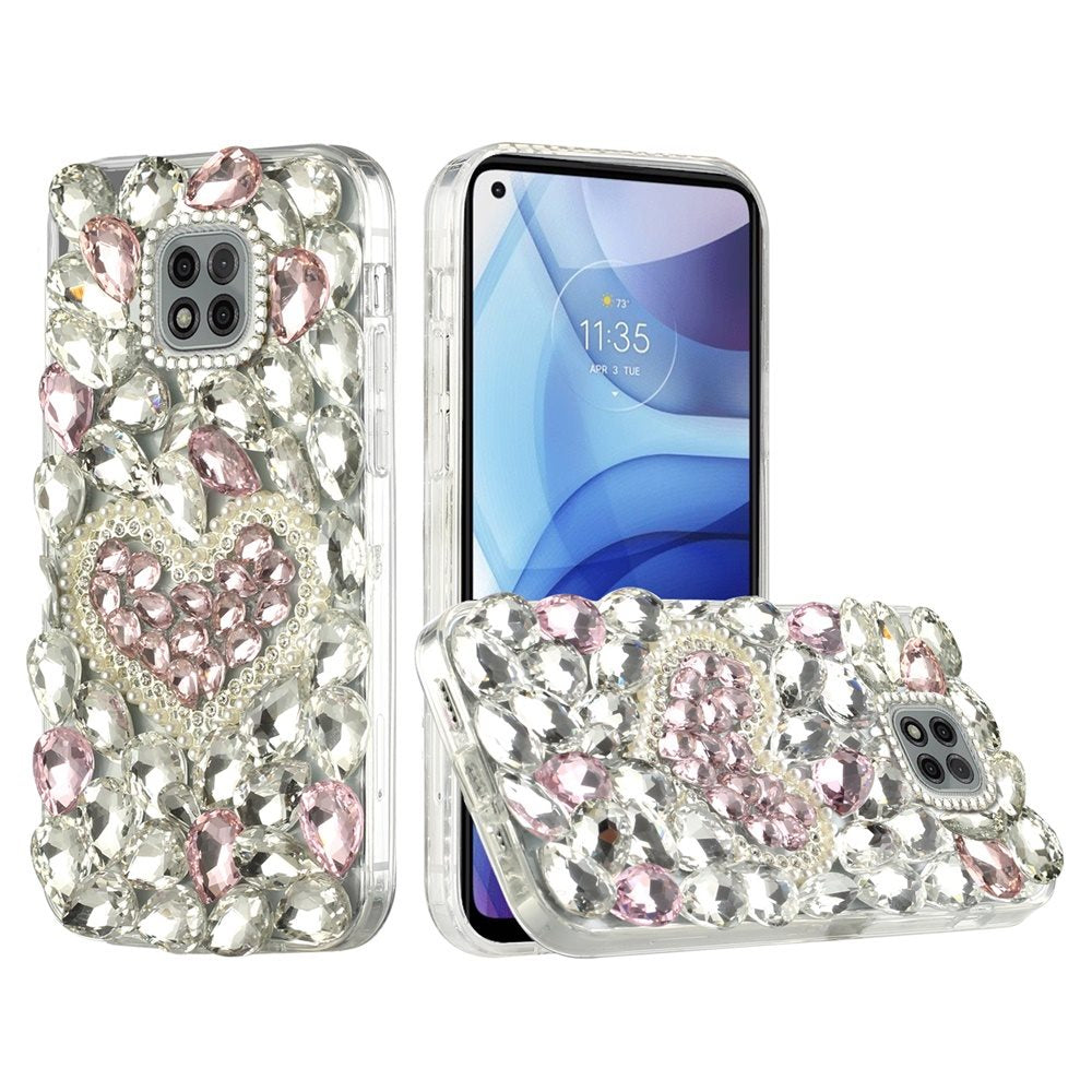 For Motorola Edge+ 2022 /Edge Plus Bling Clear Crystal 3D Full Diamonds Luxury Sparkle Rhinestone Hybrid Protective Pink Pearl Heart Phone Case Cover