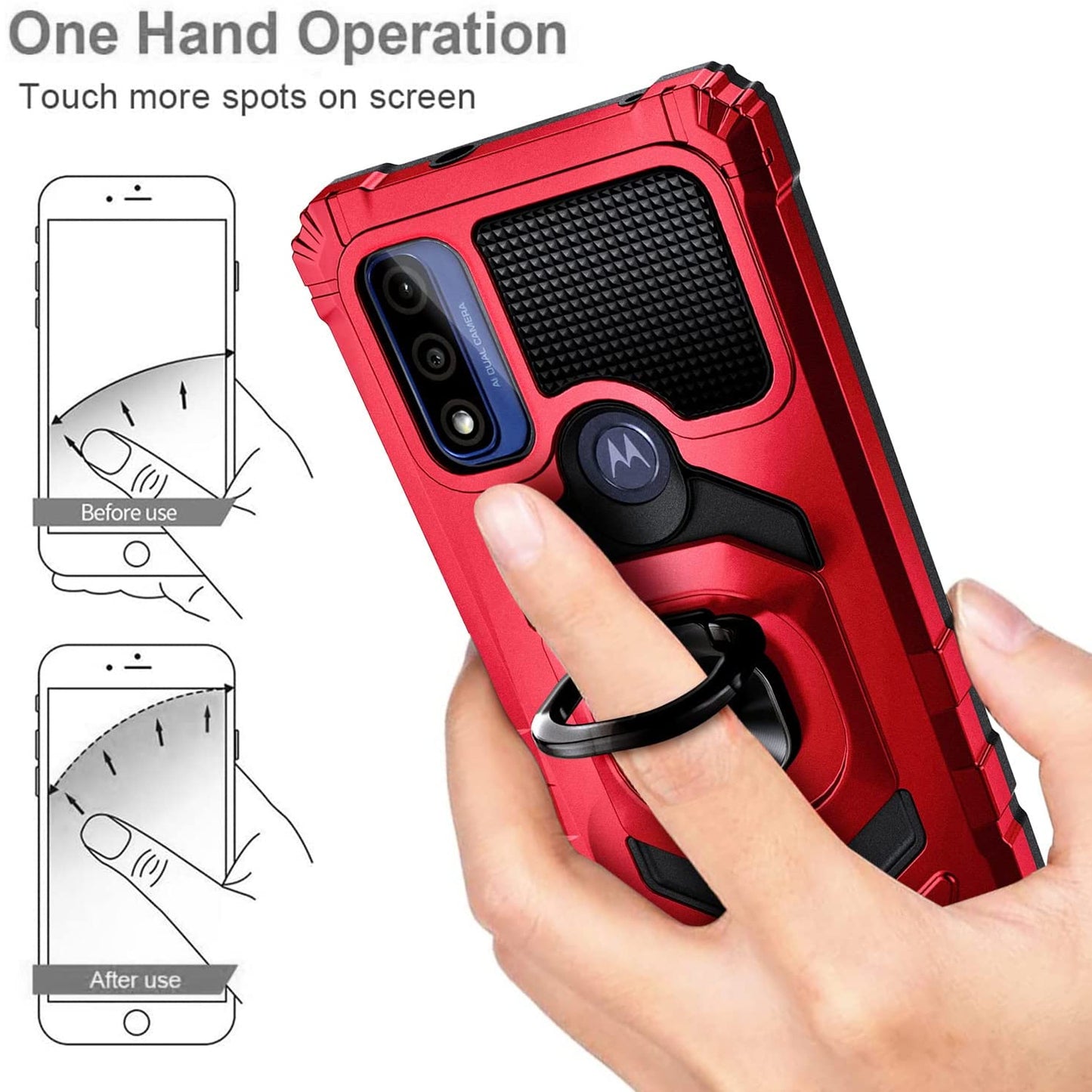 For T-Mobile Revvl 6 5G Armor Hybrid Stand Ring Hard TPU Rugged Full-Body [Military-Grade] Magnetic Car Ring Holder Red Phone Case Cover