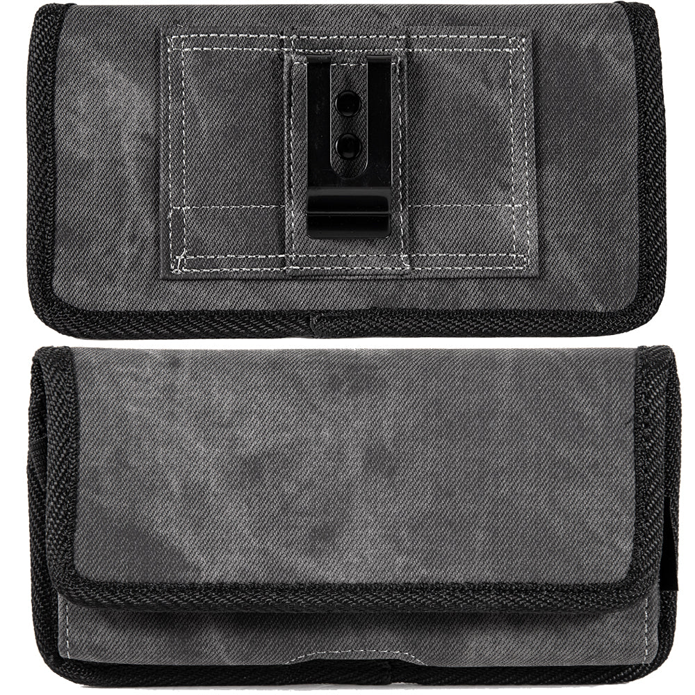 For Samsung Galaxy S22 Ultra Universal Horizontal Cell Phone Case Fabric Holster Carrying Pouch with Belt Clip and 2 Card Slots fit XL Devices 7" [Black Denim]