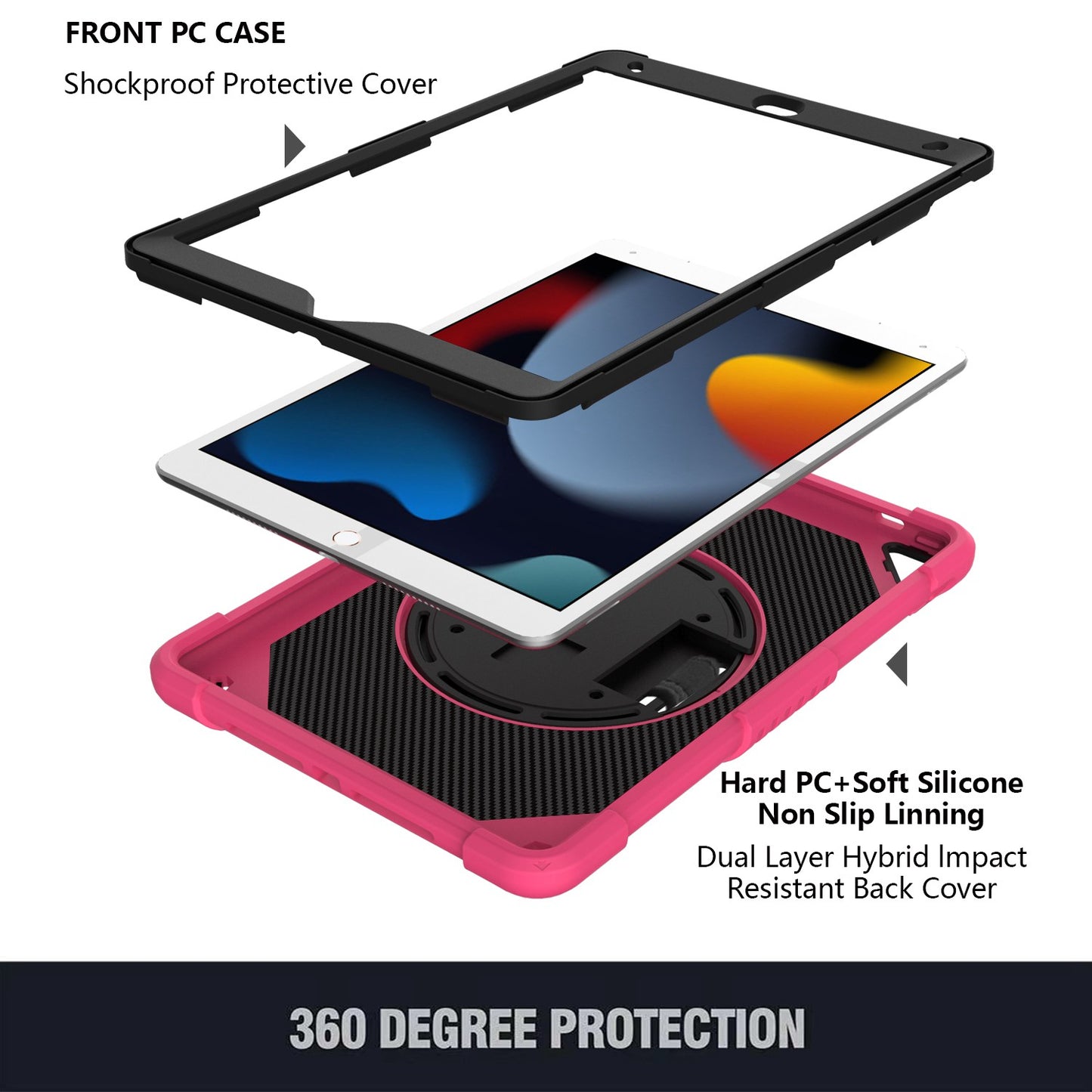 Case for Apple iPad Air 4 / iPad Air 5 / iPad Pro (11 inch) Milary Grade Shockproof Protector Silicone with Pencil Holder + Handle + Shoulder Strap + Rotating Kickstand Hot Pink Tablet Cover