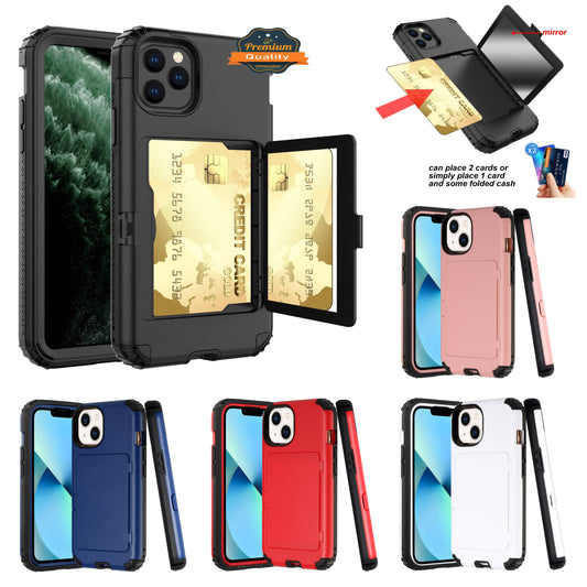 For Apple iPhone 13 /Pro Max Wallet Design with Credit Card Holder and Hidden Back Mirror Stand Heavy Duty Hybrid Shockproof Armor  Phone Case Cover