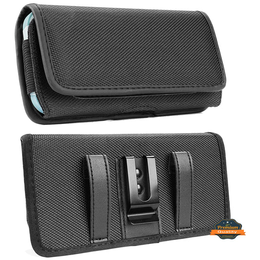 Universal Cell Phone Holster with Belt Clip Loops & Card Slot Canvas Horizontal Pouch Waist Carrying Case Fit Samsung Galaxy S22 Ultra & Most Phone XXL [6.93 x 3.43 x 0.6 in] Universal Canvas Pouch [Black]