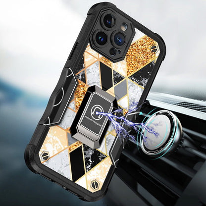 For Apple iPhone 11 (6.1") Marble IMD Stone Design Hybrid Armor with Magnetic Ring Stand Kickstand Heavy Duty Rugged  Phone Case Cover