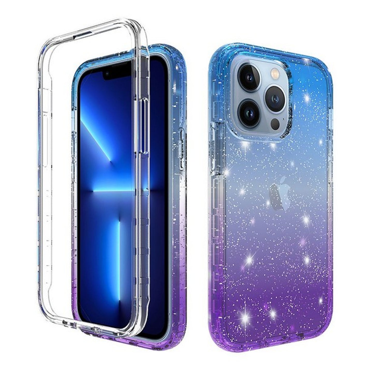 For Apple iPhone 13 Pro Max Mini Clear Gradient Glitter Bling Sparkly Hybrid Hard PC Soft TPU Bumper and Front Frame Drop Protective  Phone Case Cover