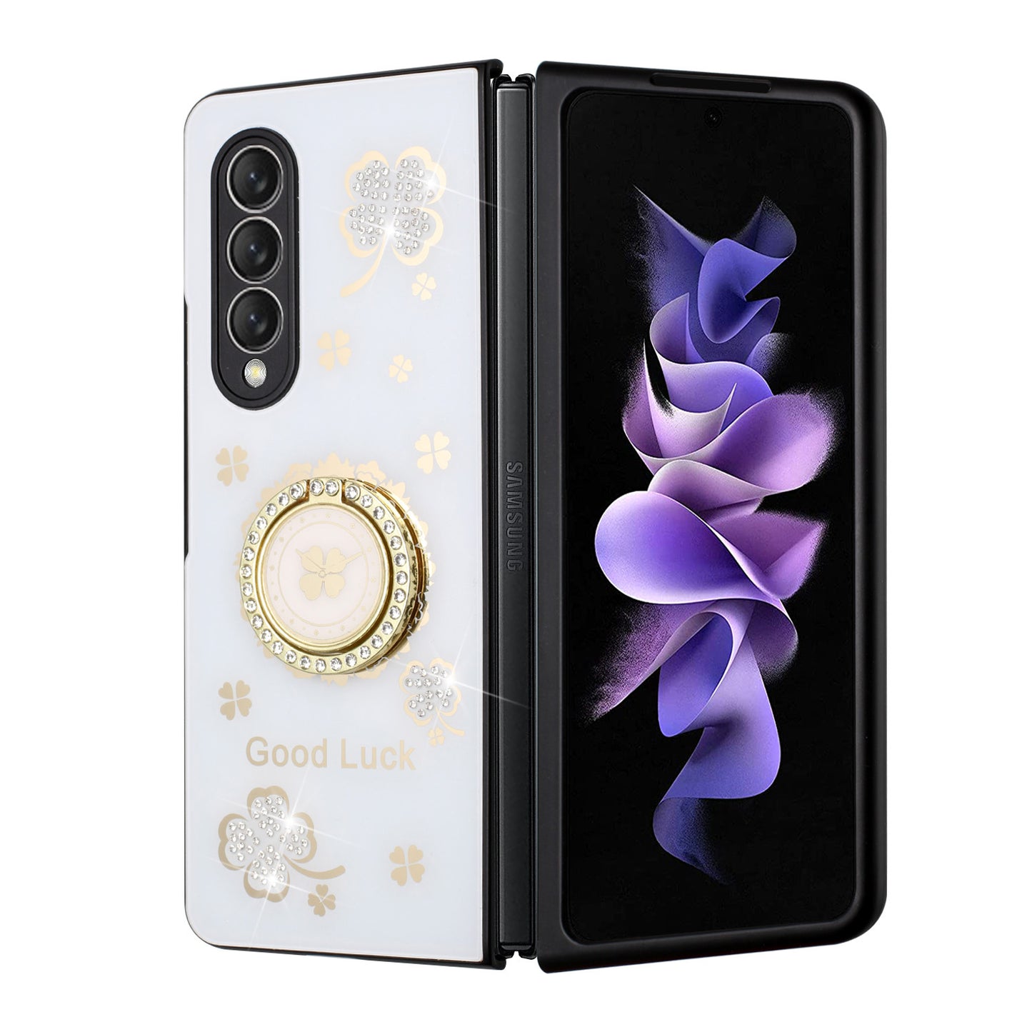 For Samsung Galaxy Z Fold 3 5G Diamond Bling Sparkly 3D Ornaments Engraving Hybrid Ring Stand Holder Fashion  Phone Case Cover