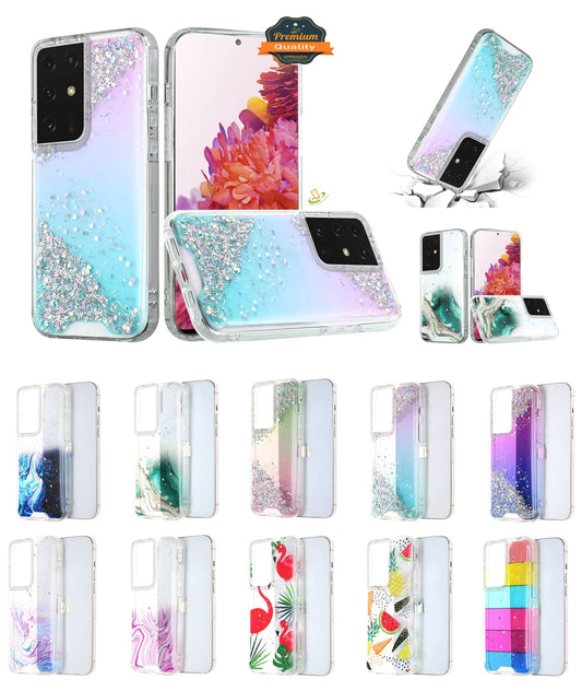 For Apple iPhone 13 Pro (6.1") Pattern Clear Design Transparent Glitter Bling Hybrid Plastic Hard Back TPU Rubber Armor  Phone Case Cover