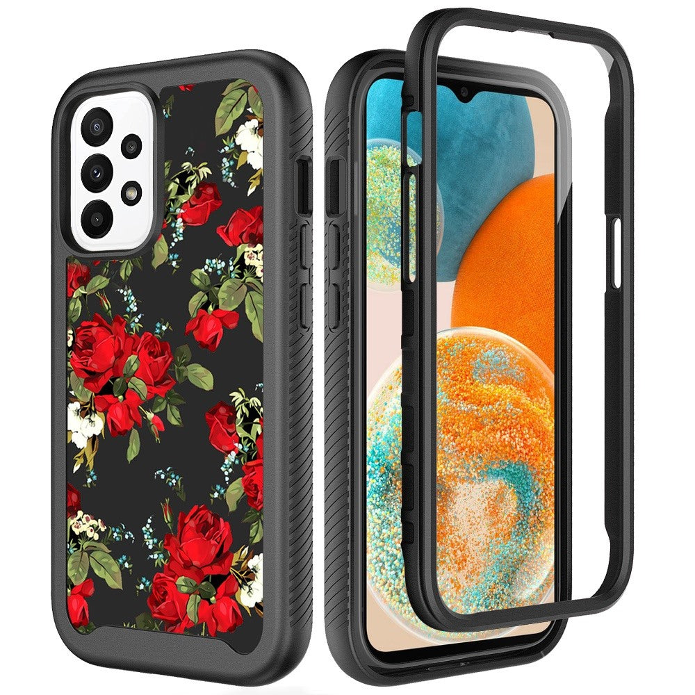 For OnePlus 10T 5G Stylish Flower Design 2in1 Hybrid Dual Layer Armor Hard PC Rubber TPU Shockproof Front Frame Black Red Roses Phone Case Cover