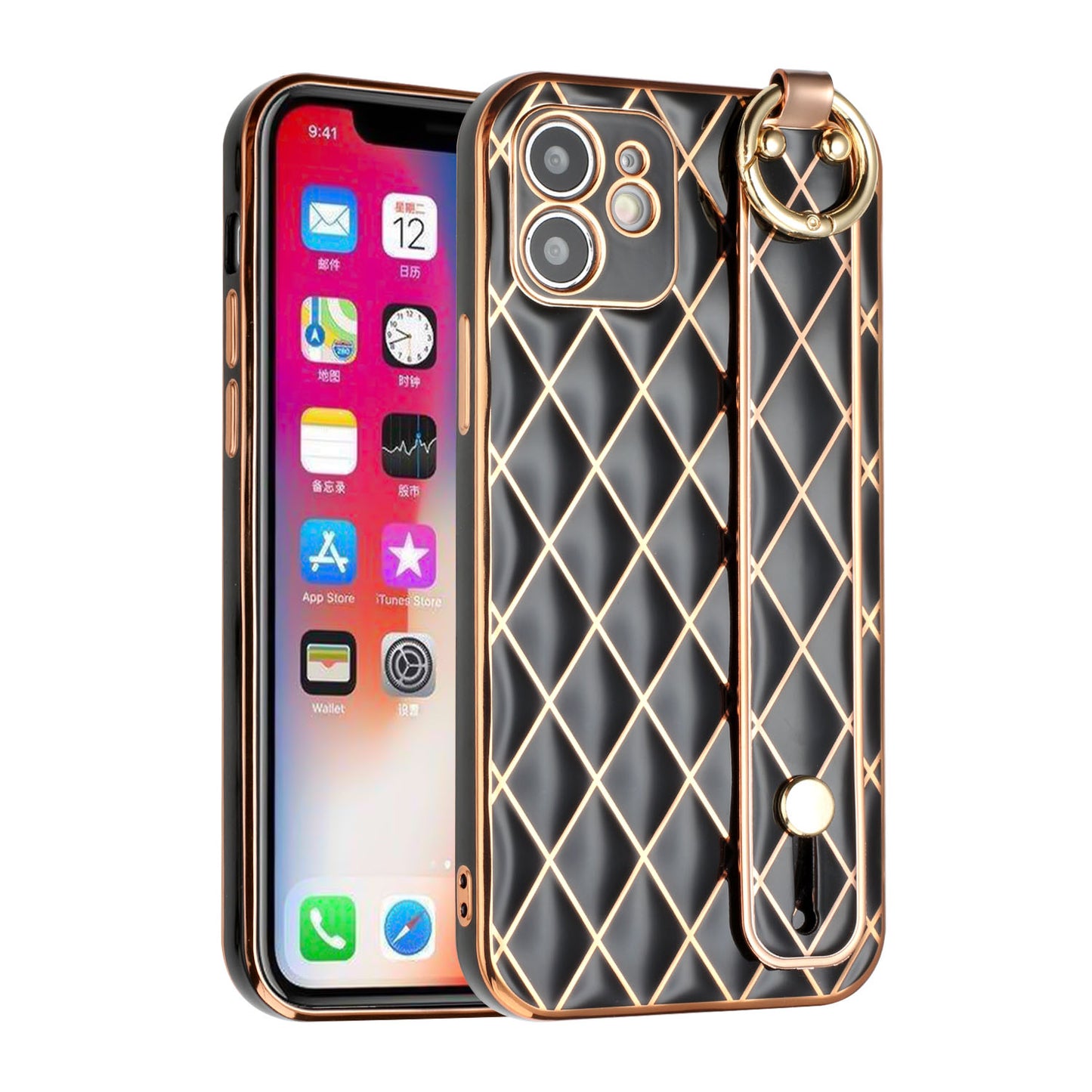 For Apple iPhone 11 (6.1") Chromed Grid Design with Strap Holder Fashion Hybrid Rubber TPU Hard PC Slim Fit  Phone Case Cover