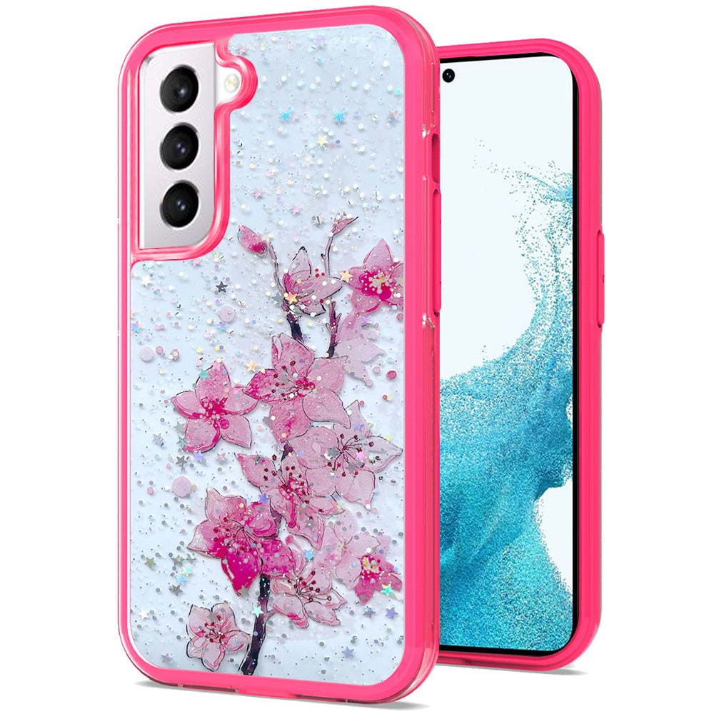 For Samsung Galaxy S22 Ultra Sakura Spring Flowers Design Colorful Frame Hybrid Rubber TPU Hard PC Shockproof Slim  Phone Case Cover