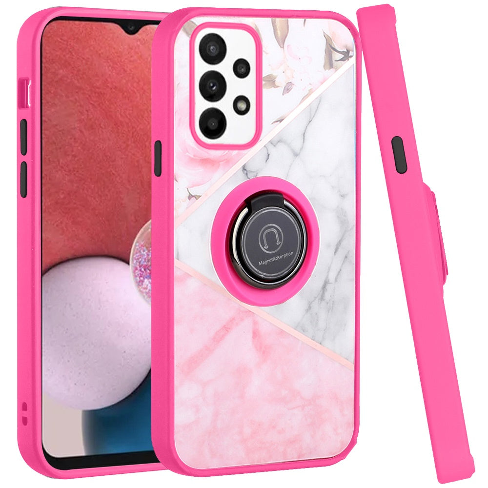 For Samsung Galaxy A13 4G 2022 Marble Design with Magnetic Ring Kickstand Holder Hybrid TPU Hard PC Shockproof Armor Elegant Pink Phone Case Cover