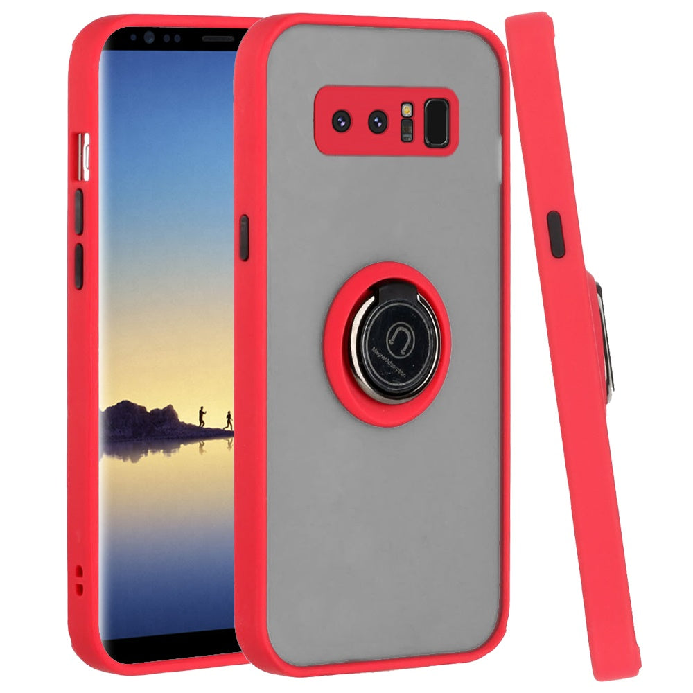 For Samsung Galaxy Note 8 Hybrid Protective PC TPU Shockproof with 360° Rotation Ring Magnetic Stand & Covered Camera Red Phone Case Cover