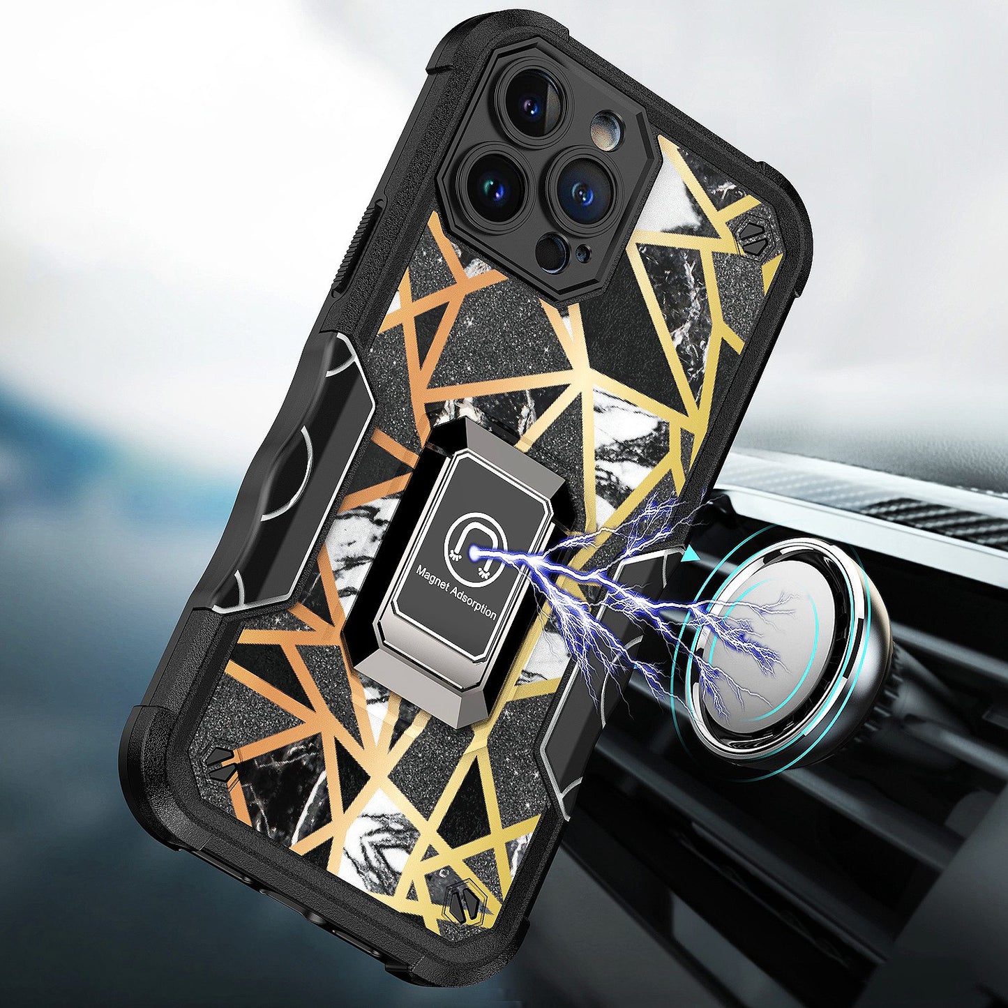 For Samsung Galaxy A53 5G Marble IMD Stone Design Hybrid Armor with Magnetic Ring Stand Kickstand Heavy Duty Rugged Shockproof  Phone Case Cover