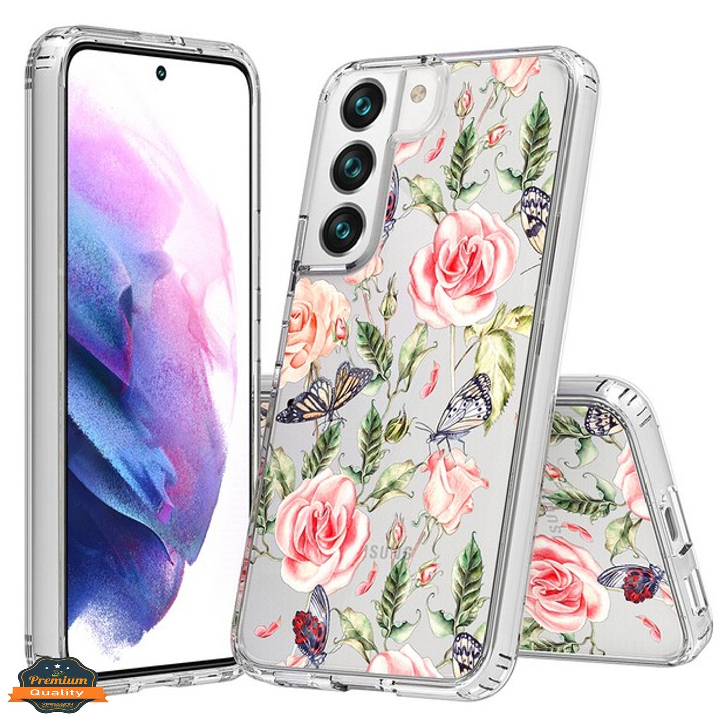 For Samsung Galaxy S22 Floral Patterns Design Transparent Soft TPU Silicone Shock Absorption Bumper Slim Hard PC Back  Phone Case Cover