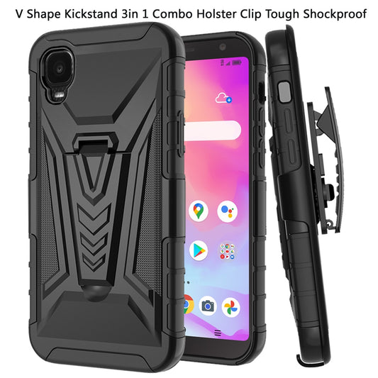 For TCL A3 Combo 3 in 1 Rugged Swivel Belt Clip Holster Heavy Duty Tuff Hybrid Armor Rubber TPU + Hard PC with Kickstand Stand Black Phone Case Cover