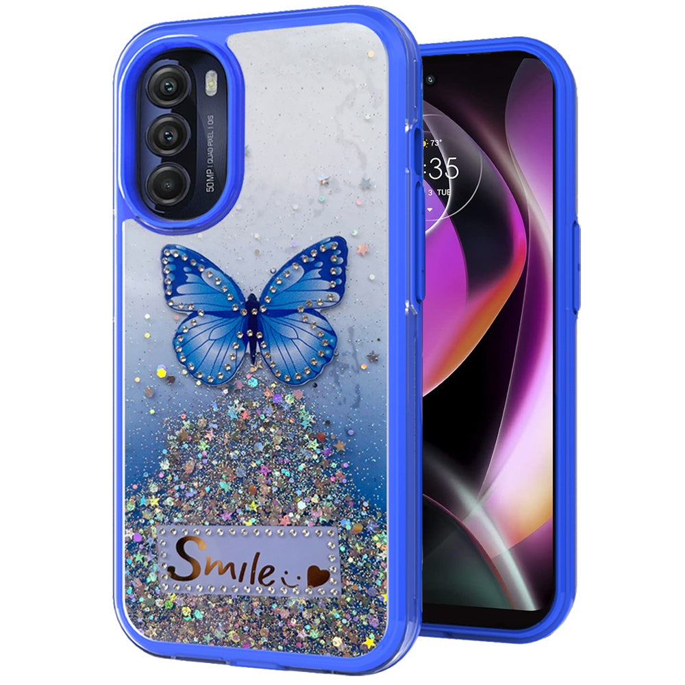 For Motorola Moto G 5G 2022 Butterfly Smile Glitter Bling Sparkle Epoxy Glittering Shining Hybrid Hard PC TPU Silicone  Phone Case Cover