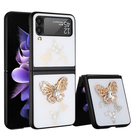 For Samsung Galaxy Z Flip 4 5G 3D Diamond Bling Sparkly Glitter Ornaments Engraving Hybrid Metal Fashion White Garden Butterflies Phone Case Cover