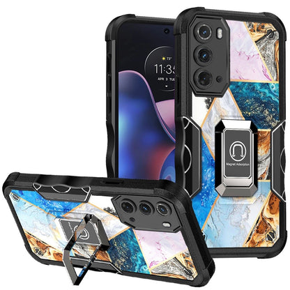 For Motorola Moto Edge (2022) Marble Stone Design Hybrid Armor Magnetic Ring Stand Kickstand Heavy Duty Rugged  Phone Case Cover