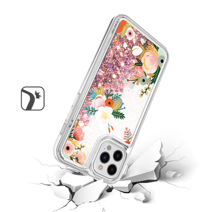 For Apple iPhone 13 Pro Max (6.7") Waterfall Quicksand Flowing Liquid Water Glitter Flower Design Bling Shockproof TPU Hybrid Protective  Phone Case Cover