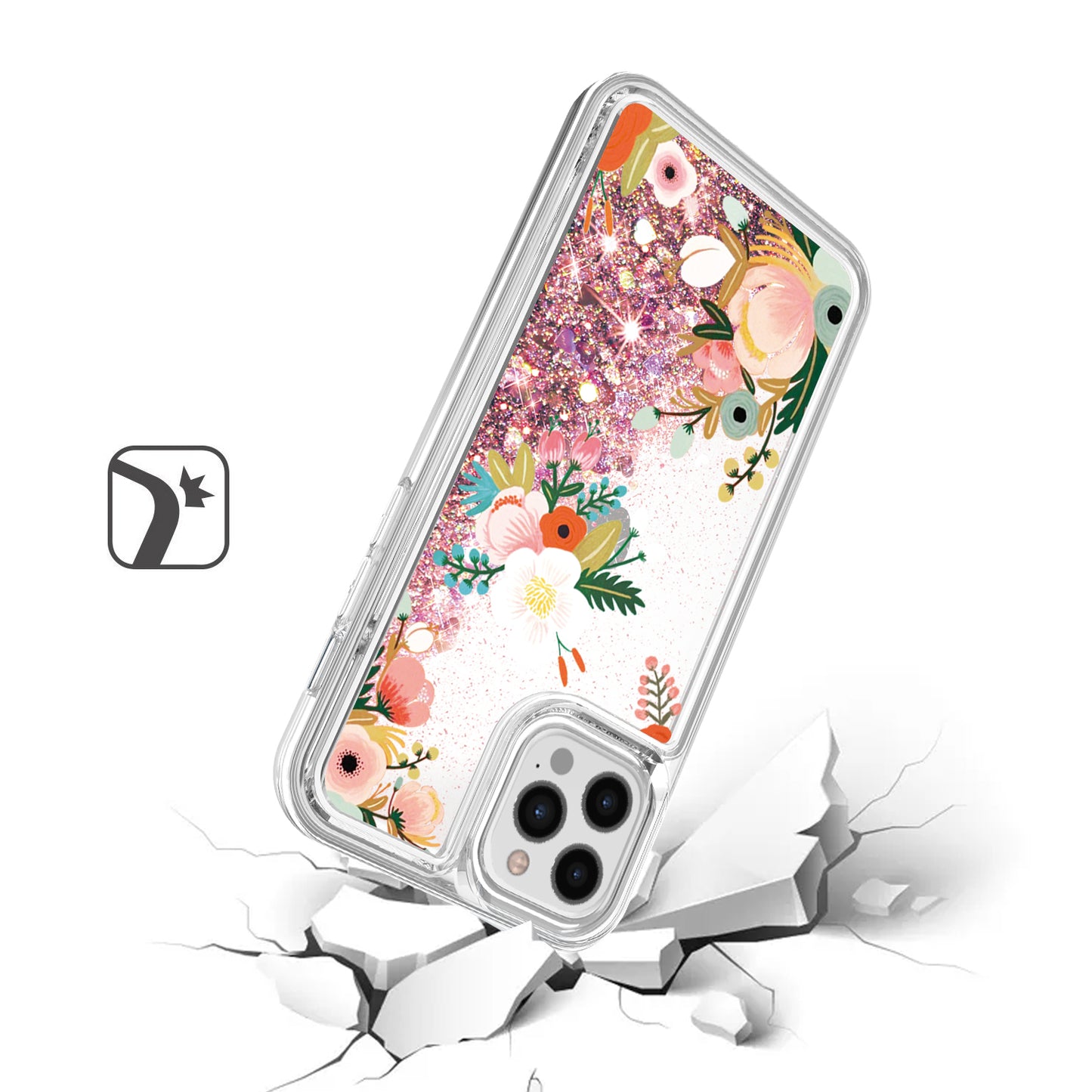 For Apple iPhone 13 Mini (5.4") Waterfall Quicksand Flowing Liquid Water Glitter Flower Design Bling Shockproof TPU Hybrid Protective  Phone Case Cover