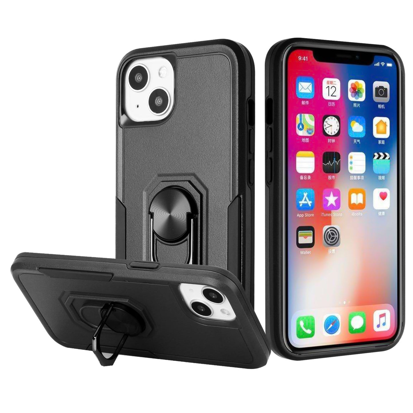 For Apple iPhone 11 (6.1") Hybrid Rugged Hard Drop-Proof 3 Layer Protection Military Grade Armor with Metal Ring Stand  Phone Case Cover