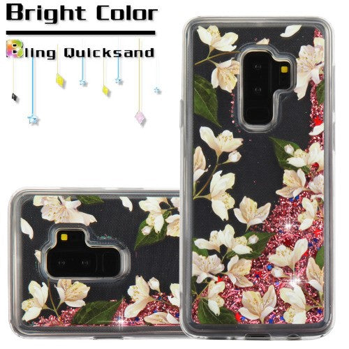 For Samsung Galaxy S9 Plus Quicksand Liquid Glitter Bling Hybrid Image Flowing Sparkle Protector Skin Sally Flower Phone Case Cover