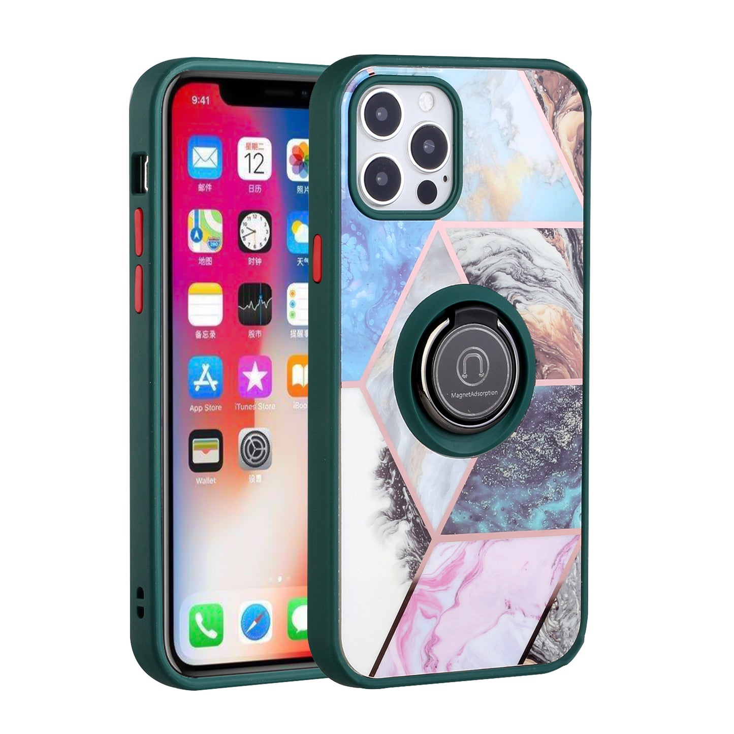 For Apple iPhone 14 (6.1") Unique Marble Design with Magnetic Ring Kickstand Holder Hybrid TPU Hard PC Shockproof  Phone Case Cover