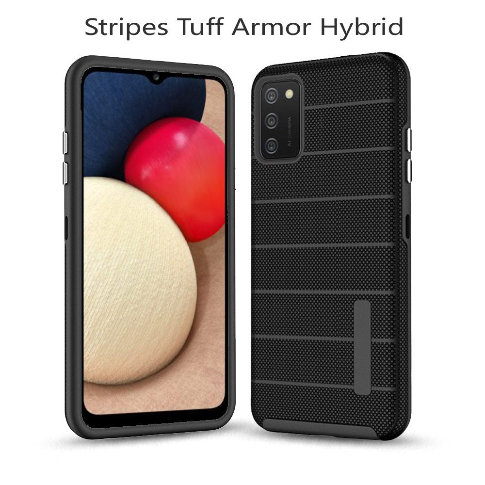 For Samsung Galaxy A02s Hybrid Tuff Armor Stripes Rugged Texture Rubber Dual Layers TPU+PC Scratch-Resistant Drop Protection  Phone Case Cover