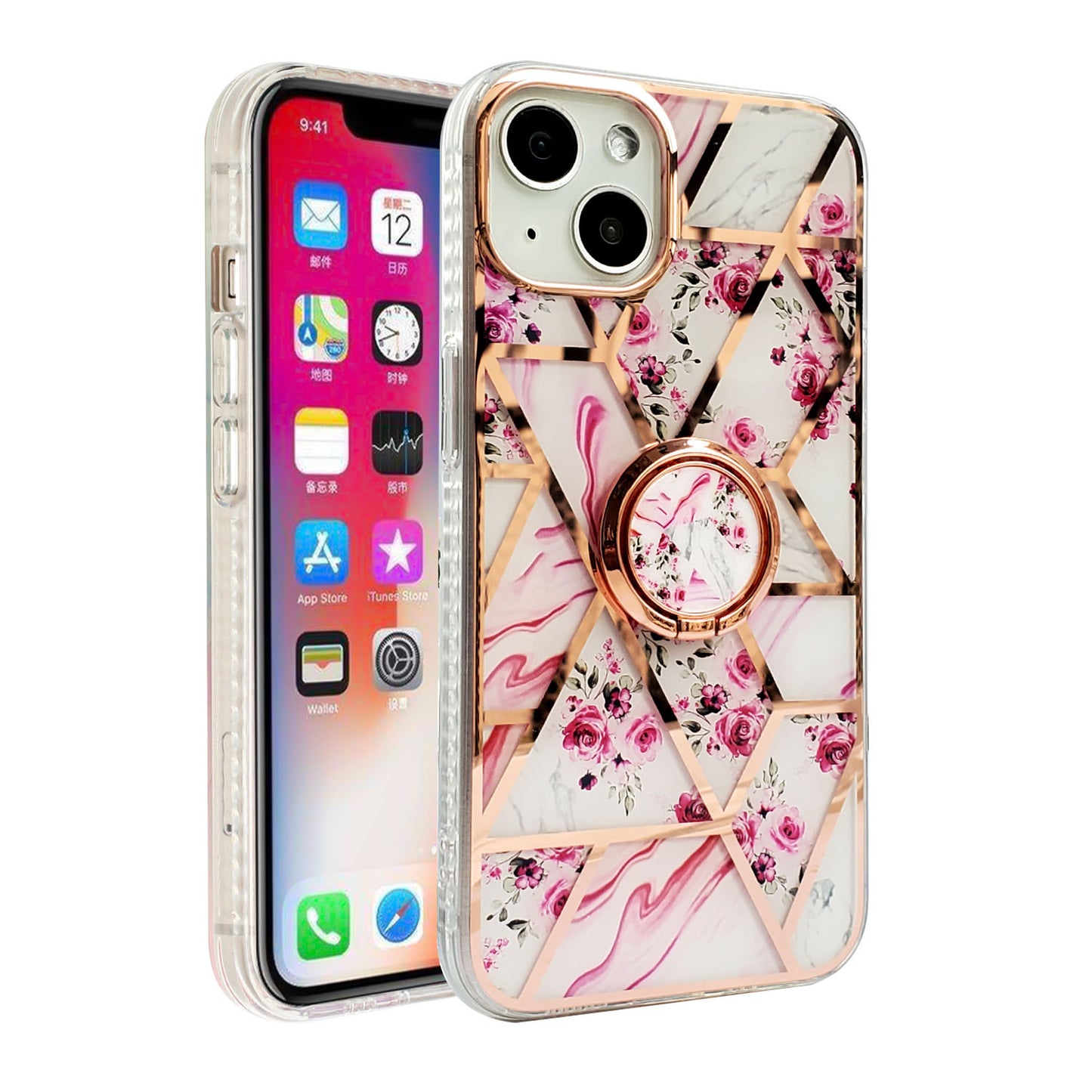 For Apple iPhone 11 (6.1") Pattern Fashion Design Chromed Edge IMD with Ring Kickstand Hybrid TPU Hard Back  Phone Case Cover