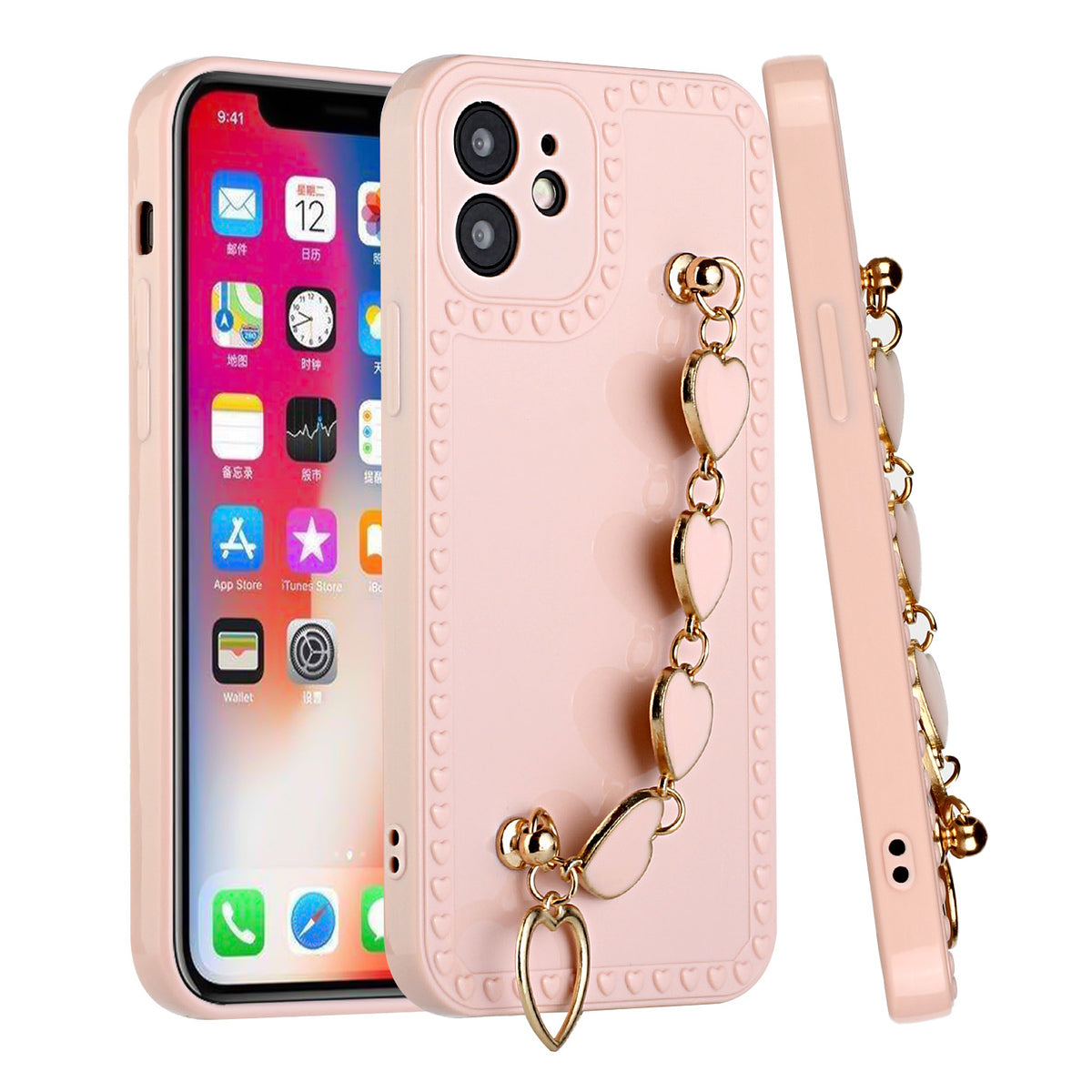 For Apple iPhone 12 Pro Max (6.7") Hybrid Soft TPU Rubber Cute Pattern with Love Heart Chain Wristband Bracelet Strap Protective  Phone Case Cover