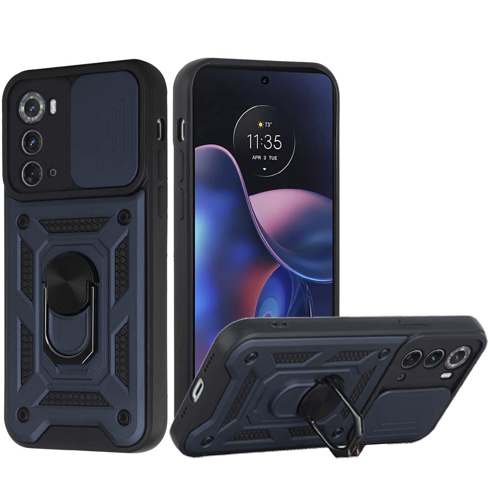 For Motorola Moto Edge 2022 Hybrid Cases with Slide Camera Lens Cover and Ring Holder Kickstand Rugged Dual Layer  Phone Case Cover