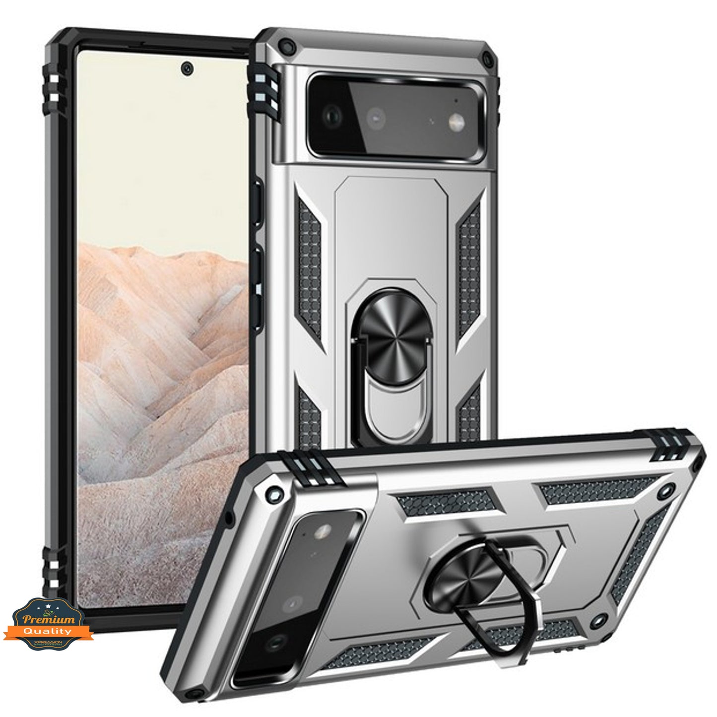 For Google Pixel 6A Shockproof Hybrid Dual Layer PC + TPU with Ring Stand Metal Kickstand Heavy Duty Armor Shell  Phone Case Cover