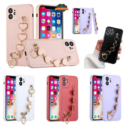 For Apple iPhone 12 Pro Max (6.7") Hybrid Soft TPU Rubber Cute Pattern with Love Heart Chain Wristband Bracelet Strap Protective  Phone Case Cover